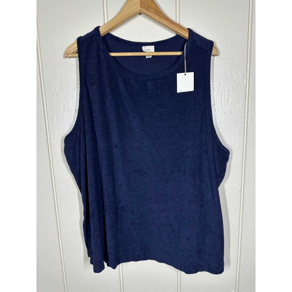 A New Day Tank Top Women 3X Navy Blue Terry Cloth Sleeveless Crew Neck 7873